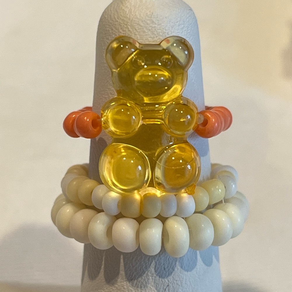 Handmade Orange & Yellow Beaded Gummy Bear Ring Set, Stretchy